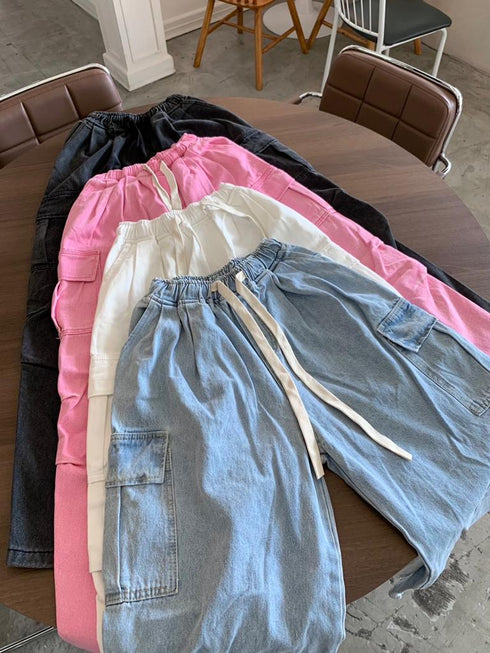 Baggy Pleated Drawstring Multi-Pocket Flare Cargo Pants